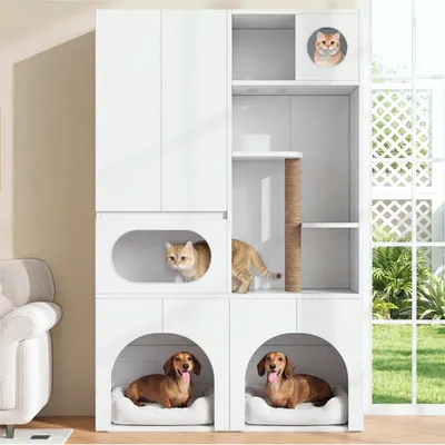 Produktbild von Katzentoilettenschrank, Haustierschrank, Haustier-Aufbewahrungsschrank, Kratzbaum, für 2 Katzentoiletten, mit Kratzsäule und Ruhebereich