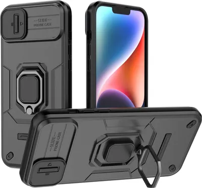 Image de Étui pour iPhone 14 Plus / 15 Plus étui double couche avec protection coulissante de l'appareil photo et support d'anneau, stand noir