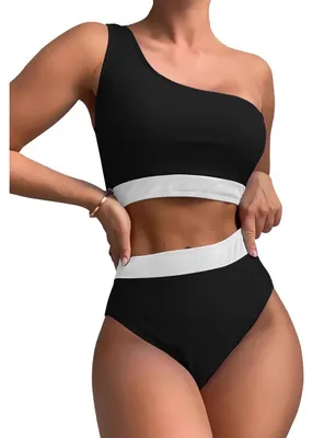 Immagine prodotto di Costume da bagno bikini da donna FDEETY, modello monospalla asimmetrico, alta vita, due pezzi