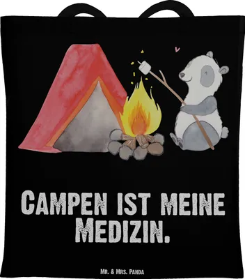 Produktbild von Mr. & Mrs. Panda Tote Bag Panda Campen - Schwarz - Geschenk, Tasche, Unitasche, Camping, gehen, Shopping, Campingplatz, Zelten, Laptoptasche, Jutebeutel