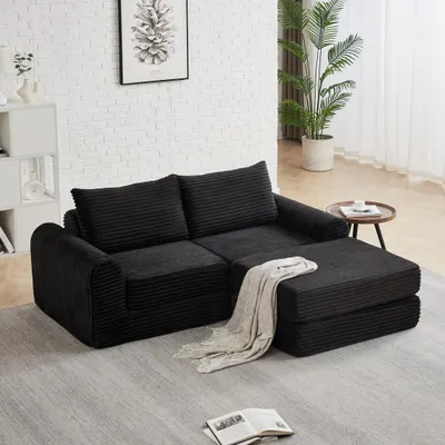 Image de Canapé-lit 2-en-1 Cord avec deux coussins, des accoudoirs courbés élégants et un repose-pieds amovible, canapé modulaire pour une disposition flexible, gris