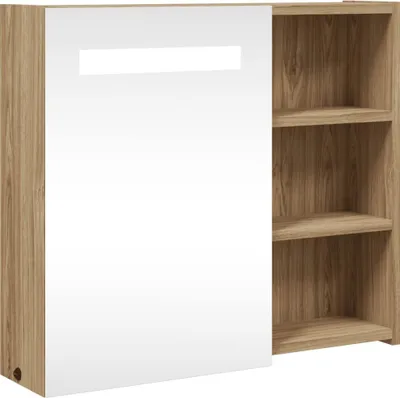 A cabinet with a mirrored door and open shelves.