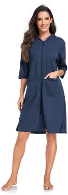 Produktbild von Unyqoos® Leichter Damen-Bademantel aus Waffelstoff mit Reißverschluss, Kapuze & 2 Taschen – vielseitig für Zuhause, Sauna & Strand, Mittelgröße