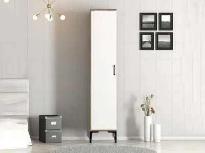Produktbild von 1-Tür MehrzweckschrankDnuytinc, Multifunktionale Möbel, Schuhschrank, Besenschrank, 40x201h48 cm, Walnuss und Weiß