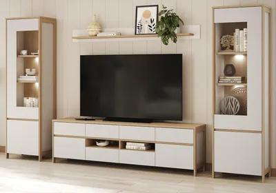 Produktbild von Wohnwand "Finnes" in weiß und Eiche Wohnkombination skandinavisch 4-teilig 339 cm, Soft-Close