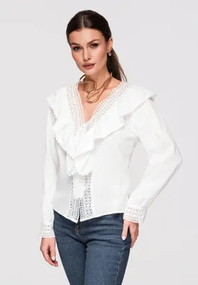 Produktbild von LARICA Damen Bluse V-Ausschnitt Ajour Spitze Romantisch OW-SH-E0015 white L
