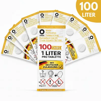 Produktbild von JUNG Oasis 100x1L (100L) Trinkwasseraufbereitung Tabletten 8,5mg GE+ faltbarer Wasserkanister Camping Wasserentkeimung Wasseraufbereitung Trinkwasser