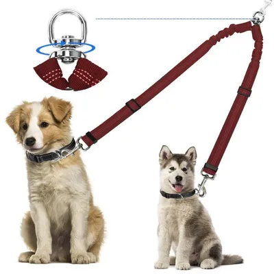 Immagine prodotto di Guinzaglio doppio per 2 cani, girevole a 360°, riflettente, in nylon, grande, colore rosso