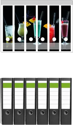 Produktbild von Wallario 6 Stück breite Ordner inkl. Klebeetiketten mit Motive Bunte Cocktails vor schwarzem Hintergrund -  Set mit Rückenschildern / Ordnerrücken Stickern