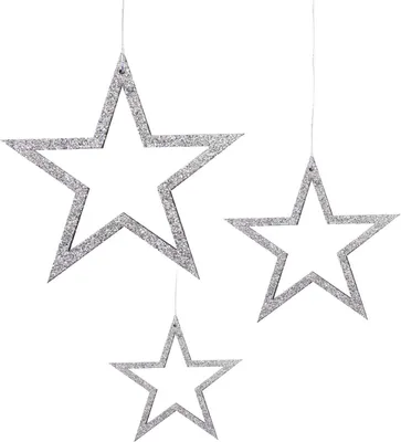Produktbild von Oblique Unique 3 Holz Sterne mit Glitzereffekt + Schnur Weihnachtsdeko Weihnachtsbaum Anhänger Weihnachten - silber