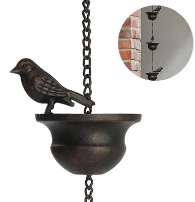 Produktbild von Regenrinnenkette in Vogelform, Regenkette Vogel Metall, rostbeständiger Regenfänger für den Außenbereich, ideal bei Starkregen