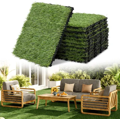 Produktbild von Izrielar Kunstrasenfliesen 30x30 cm 66 Stück (6 m²) – Klickfliesen Terrassenfliesen Balkonfliesen mit Drainage & Stecksystem