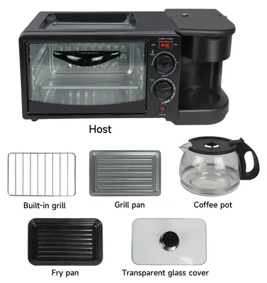 Image de Machine à petit-déjeuner électrique - Mini-four 3-en-1 avec grille-pain, machine à café filtre et plaque de cuisson - Minuterie digitale - 500–600 W - 220 V - Noir - Prise européenne
