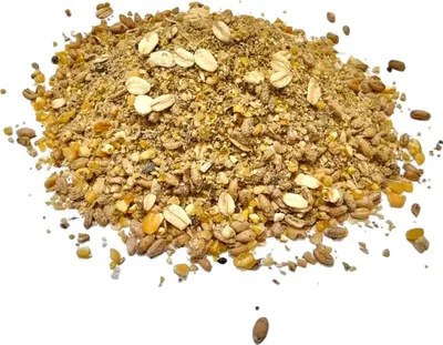 A pile of bird feed on a white background.