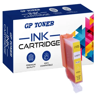 A yellow ink cartridge is shown in front of its packaging box.