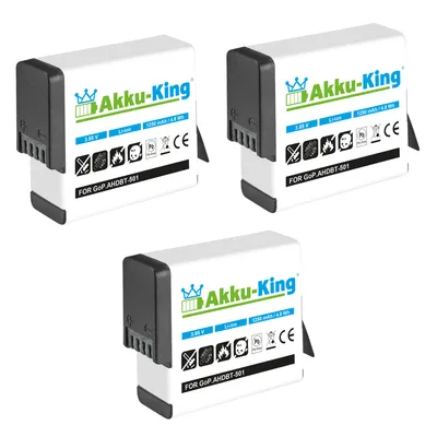 Produktbild von 3 x Akku kompatibel mit AHDBT-501 AHDBT-801 - Li-Ion 1250mAh - für GoPro Hero 8, Hero 7, Hero 6, Hero 5 Black