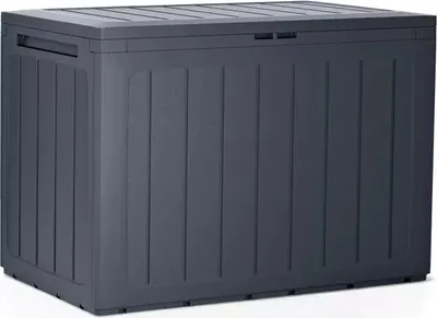 A dark gray plastic storage box with a slatted lid, shown from the front-left.