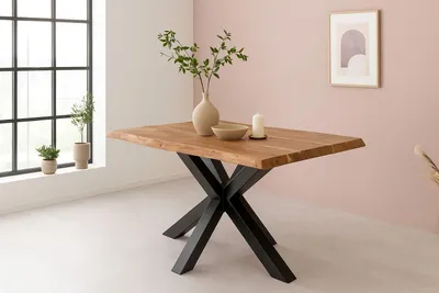Produktbild von Esstisch Baumkante Akazie massiv 50mm Natur 180 x 90 cm Spider-Gestell schwarz CALI
