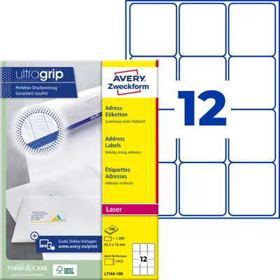 Produktbild von Avery Zweckform L7164-100, Adress-Etiketten, A4, Qualitätsdruck mit: ultragrip, 63,5 x 72 mm, 1.200 Etiketten / 100 Bögen, weiß
