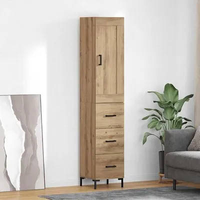 Productafbeelding van Hoogwaardige dressoir van ambachtelijk eikenhout, 34,5 x 34 x 180 cm, gemaakt van houtvezel, met 3 lades en 1 deur, geschikt voor de woonkamer, hal, eetkamer en meer