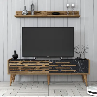 Image de Skye Decor, Valensiya 140 - Noyer, noir, marbre, meuble TV, noyer, panneaux de particules 100 % mélaminés, 140 x 45 x 35 cm
