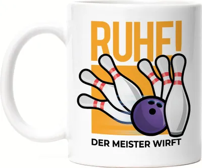 Produktbild von Ruhe! Der Meister Wirft Tasse Weiß  Kegelbahn Sport Spiel Freizeit Kegeln Bowlingbahn Bowlingball Kegelball Pins