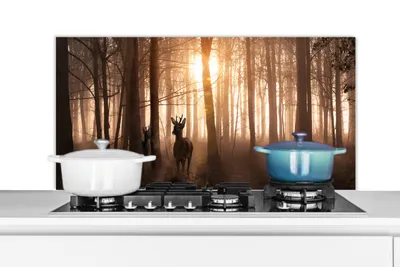 Produktbild von KitchenYeah®  Spritzschutz Küche - Küchenrückwand - Wandschutz für Herd und Spüle - Wald - Hirsche - Sonne - Bäume - Winter - Natur - Tiere 100x50 - Alu-Dibond (Alternative zum Spritzschutz aus Glas)