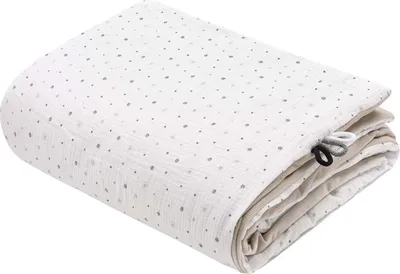 Produktbild von Jukki Babydecke 100x140 cm doppelseitig – gefüttert, mit Sensorikbändern – Little Stars Musselin & Ecru Velvet