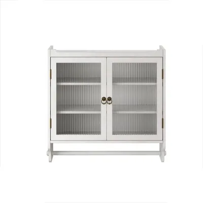 Produktbild von Weiss Vintage 63x60x18 cm Wandschrank Mit Glastueren Doppel Tuer 3-stufiger Stauraum Handtuchhalter Fuer Bad Kueche Esszimmer Geoelt Massivholz Glas