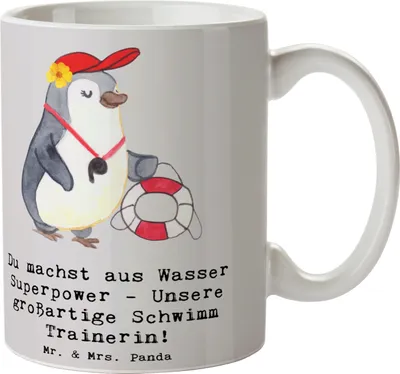 Produktbild von Mr. & Mrs. Panda Tasse Superpower Schwimmen Trainerin - Grau Pastell - Geschenk, Danksagung, Kaffeebecher, Pott, Sportart, cappuccinotasse, Becher, haferl, großartig