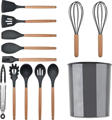Produktbild von MODFU Küchenhelfer Set Silikon - 12 Stück Küchenutensilien Set aus Silikon und Holzgriffen, Hitzebeständig, Antihaft und Leicht zu Reinigen, Kochutensilien Set auf Alle Töpfe & Pfannen (Khaki)