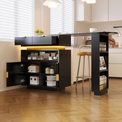 Obrázek produktu pro MODFU Kuchyňský ostrov, rozkládací barový stůl, stojací stůl, kuchyňská skříň s úložným prostorem a LED osvětlením, 115–183 × 40 × 99,5 cm, Černá