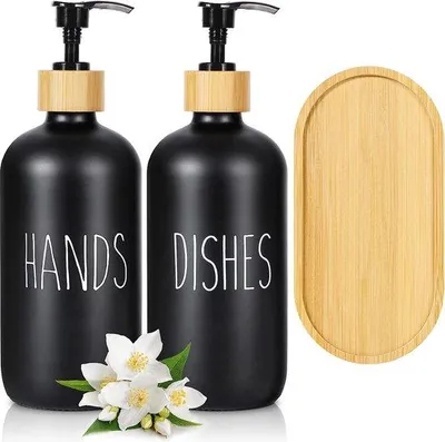 Immagine prodotto di Set dispenser di sapone in vetro, nero opaco, 500 ml, per cucina e bagno