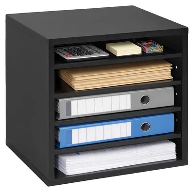 Image de Corbeille à courrier VEVOR avec 5 compartiments et étagères réglables, rangement pour documents en bois, porte-documents pour le bureau, la maison ou la salle de classe, organiseur de documents pour dossiers, papiers et documents, noir