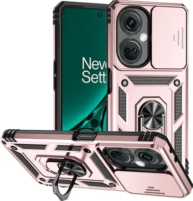 Image de Étui pour OnePlus Nord CE3 étui double couche avec couvercle coulissant pour l'appareil photo et anneau de support Rose
