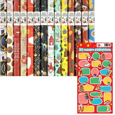 Productafbeelding van Sinterklaas cadeaupapier inpakpapier - 2 meter x 70 cm - 3 rollen - Incucief 20 naamlabels