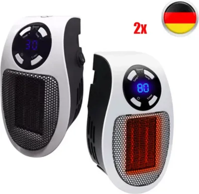 Two white and black plug-in electric heaters are shown side-by-side against a white background. The heater on the left displays '30' on a blue digital screen, while the heater on the right displays '80'. A German flag icon and '2x' are visible in the top r