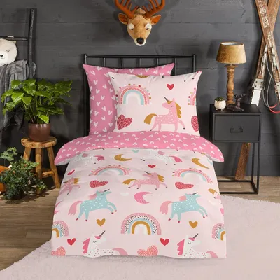 Produktbild von Traumschlaf Flanell Bettwäsche Einhorn pink 135x200 cm + 80x80 cm