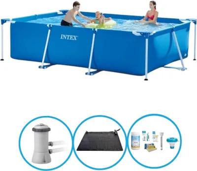 A rectangular frame pool with people in it, and a collage of accessories below.