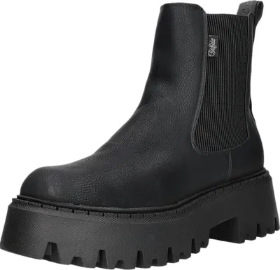 A black Buffalo boot with a thick sole is shown against a white background.