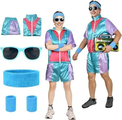 Produktbild von Retro 90er Jahre Hip Hop Outfit und 80er Jahre Mode Shell Anzug Kostüm für Disco, beinhaltet Stirnband und Armband