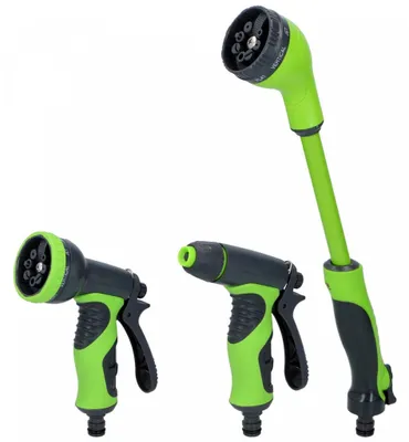 Produktbild von Kinzo 3teiliges Sprühkopf-Set Gartenschlauch - Sprühpistole, Spritzpistole und ausziehbarer Sprühkopf 15" - 8 Sprühstufen - Gartenschlauchanschluss - Grün/Schwarz