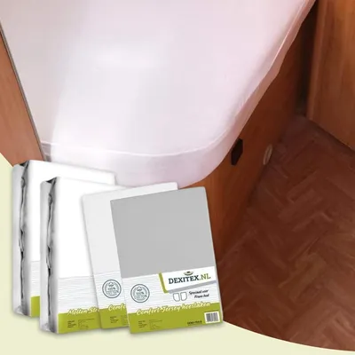 Produktbild von Dexitex Spannbettlaken Wohnmobil 4er Set- 2 Spannbettlaken + 2 Molton - französische Bettwäsche für Matratze Wohnmobil - Rechts - Multifit - Weiß/Grau
