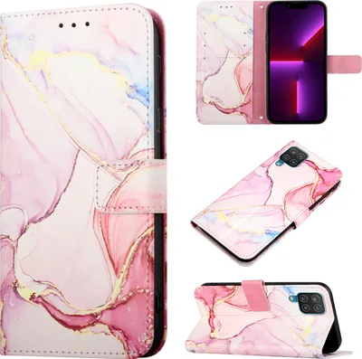 Produktbild von Galaxy A12 Hülle, Marmor Motiv Kunstleder Tasche Wallet Kartenfächer mit Standfunktion Klapp Schutzhülle für Samsung Galaxy A12 Pink Weiß