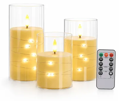 Image de Ensemble de 3 bougies LED Ikodm avec guirlande lumineuse et télécommande, sans flamme, lumière blanche chaude, avec des gobelets en acrylique transparent