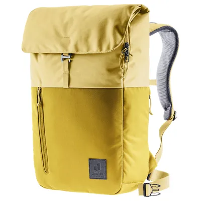 A studio shot of a yellow and beige backpack.