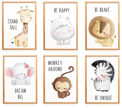 Produktbild von WIETRE® 6er Set Bilder Tiere Kinderzimmer Babyzimmer Deko | Bild Junge Mädchen Poster DIN A4 | Waldtiere Safari Afrika Tiere Tierposter Dekoration