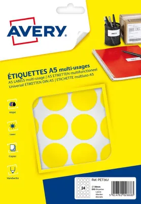 Obrázek produktu pro Avery - PET30J kulaté štítky, průměr 30 mm, blistr s 240 kusy, žluté