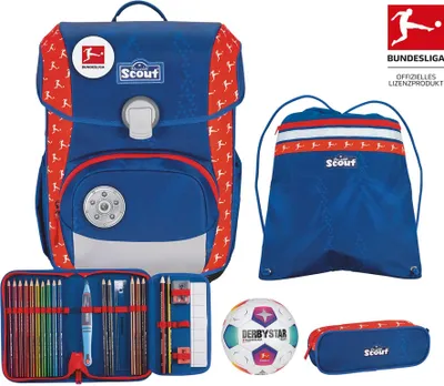 A collection of school supplies including a backpack, a drawstring bag, a pencil case, a pencil case with contents, and a soccer ball, all with a Bundesliga theme.