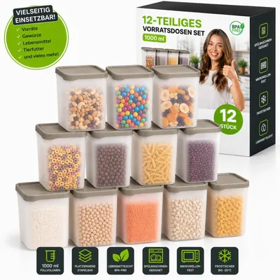 Produktbild von 12x Vorratsdosen 1000ml stapelbar mit Deckel - BPA-frei ,spülmaschinengeeignet, mikrowellenfest frostsicher - für Küche Lebensmittel Mehl Tierfutter